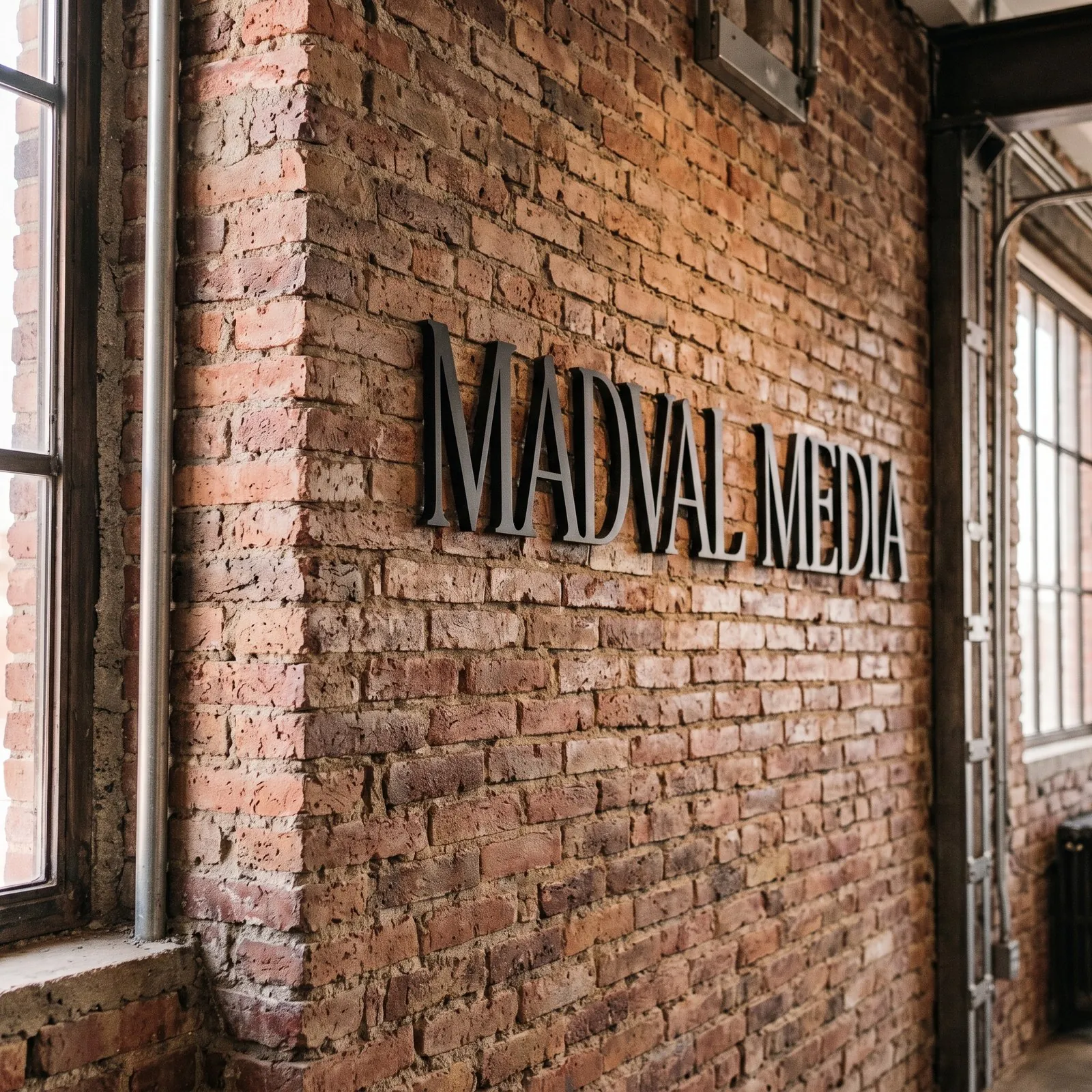 Rótulo de Madval Media en una pared de ladrillo